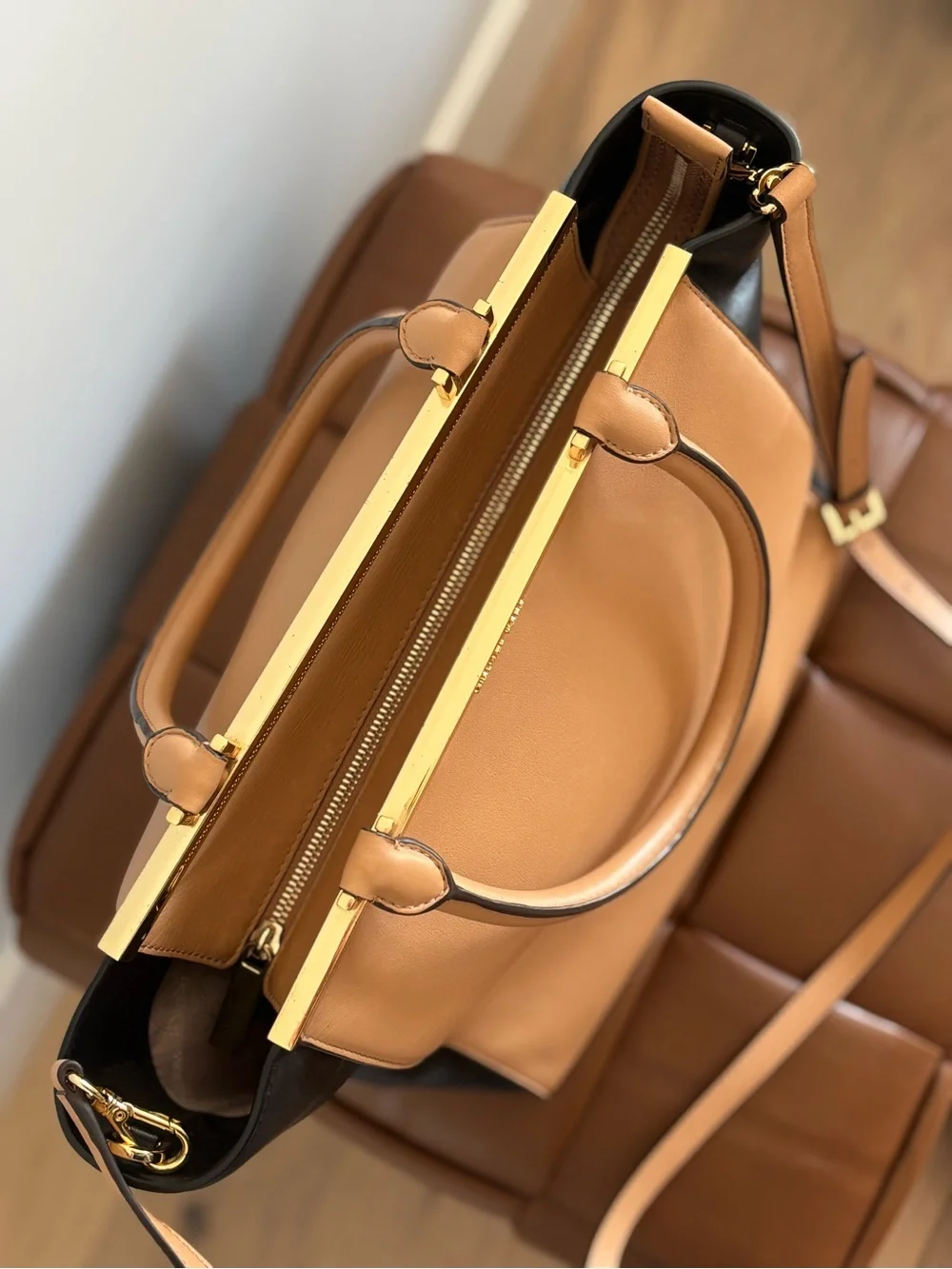 Michael Kors Two-Tone Tan and Black Leather Mid Size Shoulder Tote